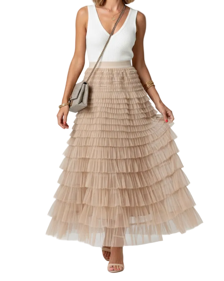 Damen langer Rock mit gestuften Mesh-Lagen und elastischem Bund-Women Skirt-Alpenkind