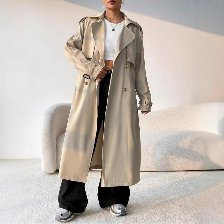 Damen Langer Trenchcoat mit Gürtel und Doppelter Knopfreihe