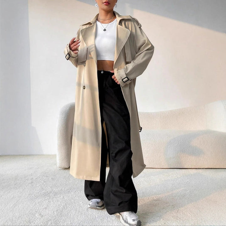 Damen Langer Trenchcoat mit Gürtel und Doppelter Knopfreihe
