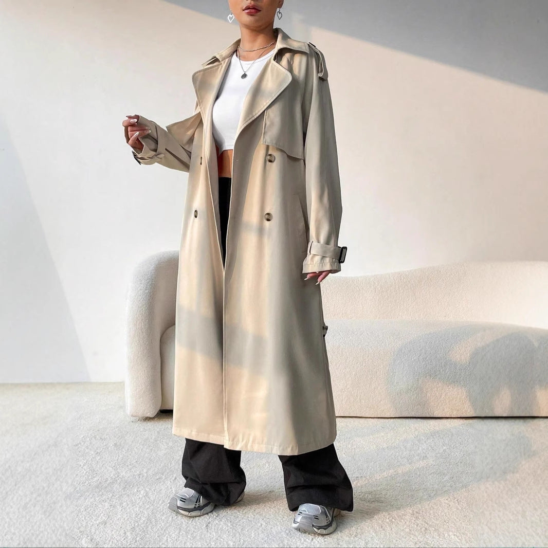 Damen Langer Trenchcoat mit Gürtel und Doppelter Knopfreihe