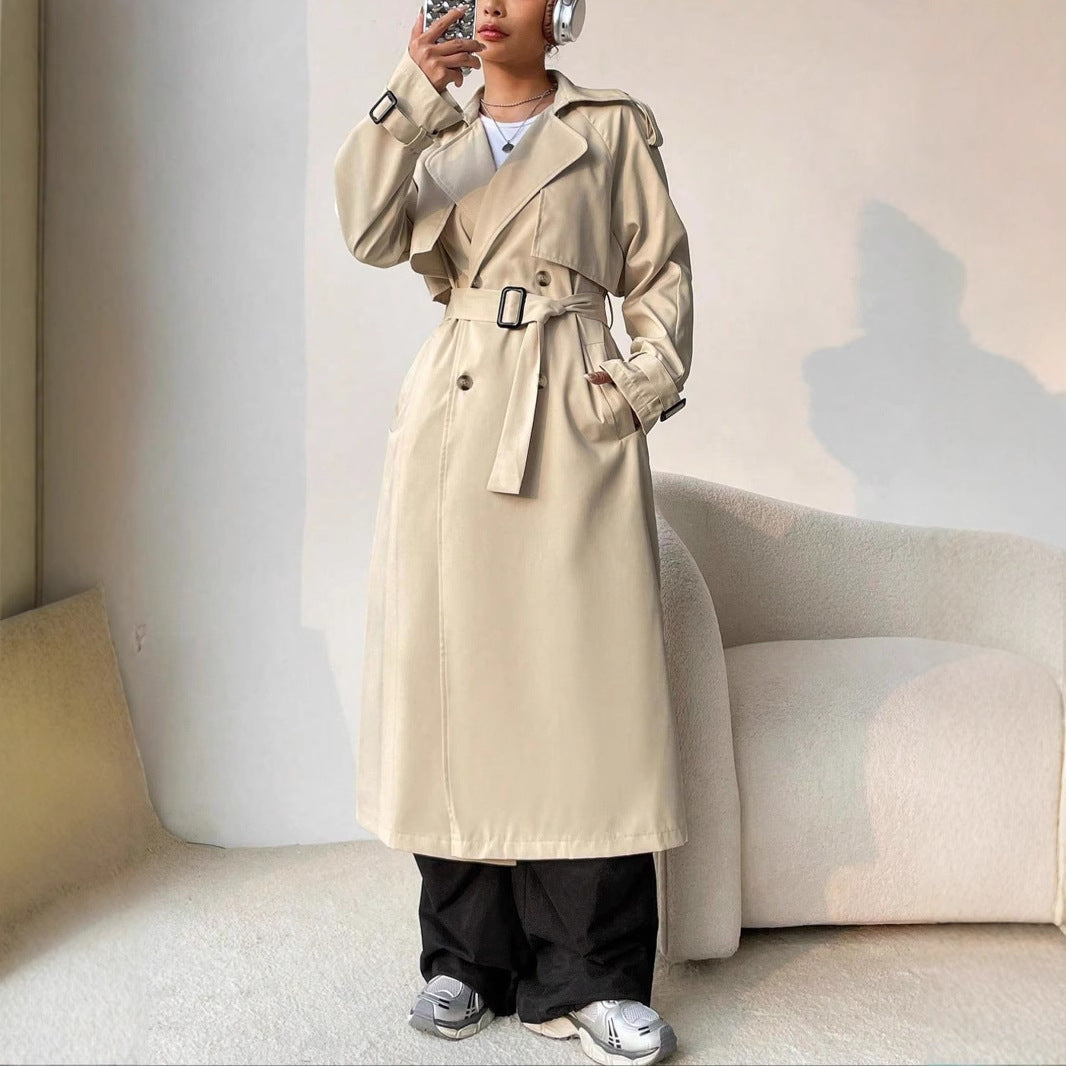Damen Langer Trenchcoat mit Gürtel und Doppelter Knopfreihe