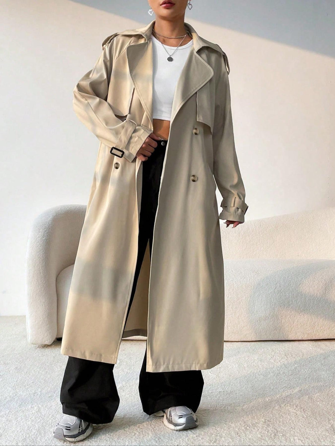 Damen Langer Trenchcoat mit Gürtel und Doppelter Knopfreihe