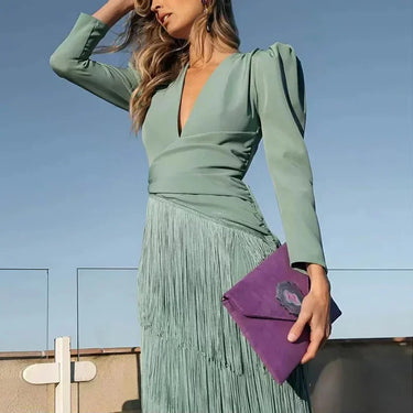 Damen langes Kleid mit V-Ausschnitt und Fransenrock-Maxi Dress-Alpenkind