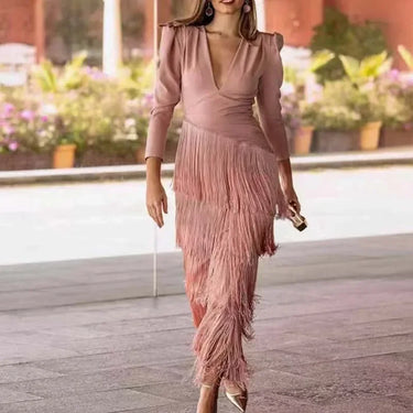 Damen langes Kleid mit V-Ausschnitt und Fransenrock-Maxi Dress-Alpenkind