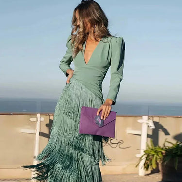 Damen langes Kleid mit V-Ausschnitt und Fransenrock-Maxi Dress-Alpenkind
