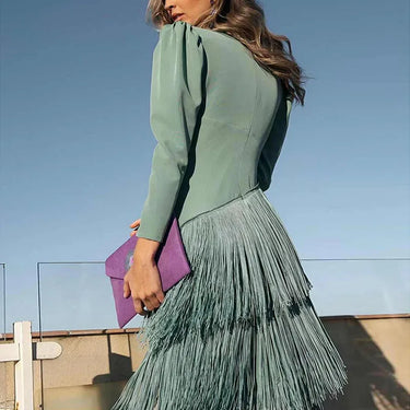 Damen langes Kleid mit V-Ausschnitt und Fransenrock-Maxi Dress-Alpenkind