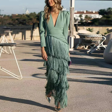 Damen langes Kleid mit V-Ausschnitt und Fransenrock-Maxi Dress-Alpenkind