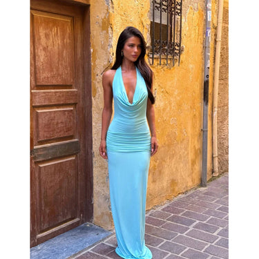 Damen langes Neckholderkleid mit drapiertem Vorderteil und offenem Rücken-Maxi Dress-Alpenkind