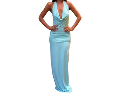 Damen langes Neckholderkleid mit drapiertem Vorderteil und offenem Rücken-Maxi Dress-Alpenkind