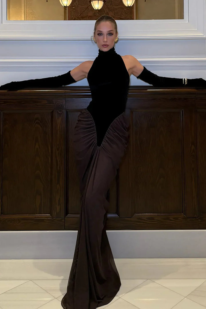 Damen Maxi Kleid mit ärmellosem Oberteil und Zweifarbrock mit Raffung