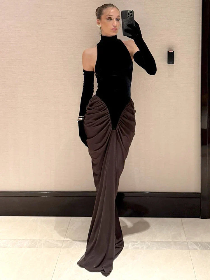 Damen Maxi Kleid mit ärmellosem Oberteil und Zweifarbrock mit Raffung