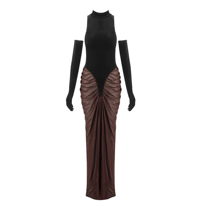 Damen Maxi Kleid mit ärmellosem Oberteil und Zweifarbrock mit Raffung