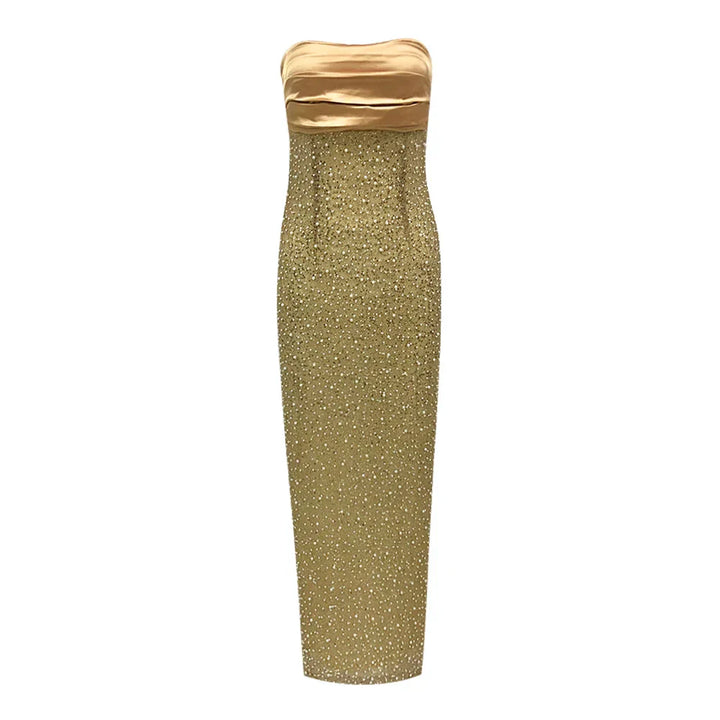 Damen Maxi Kleid mit Bandeauausschnitt Paillettenbesatz und geradem Saum