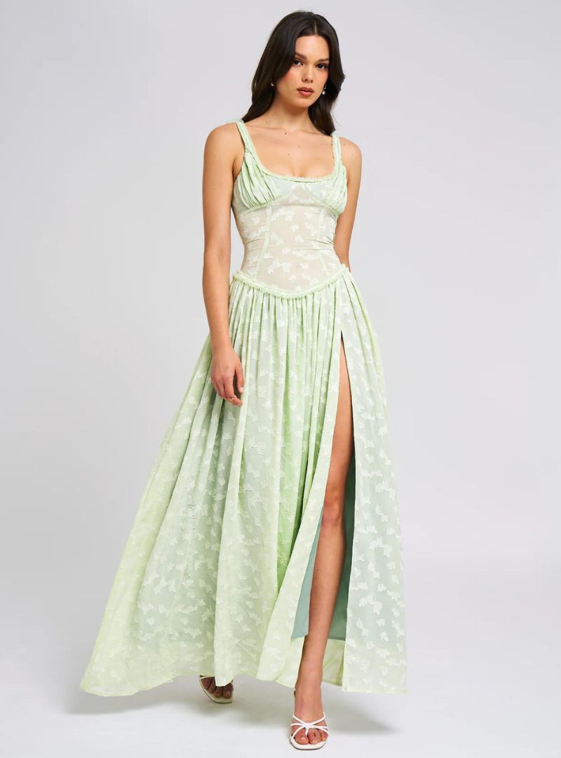 Damen Maxi Kleid mit breiten Trägern gerafftem Mieder und hohem Beinschlitz