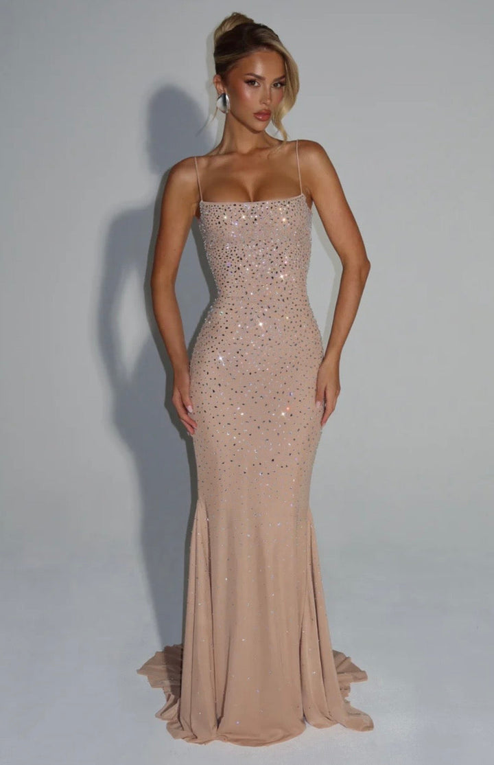 Damen Maxi Kleid mit geradem Ausschnitt Spaghettiträgern und Strassstein Besatz