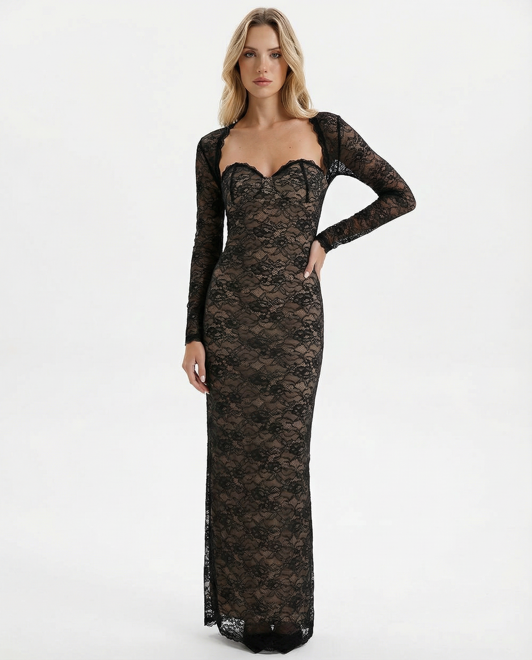 Damen Maxi Kleid mit Herzausschnitt abnehmbaren langen Ärmeln und floralem Spitzenmuster
