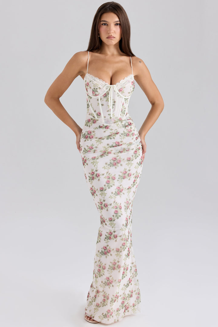 Damen Maxi Kleid mit Herzausschnitt Spaghettiträgern Bindeverschluss und floralem Muster