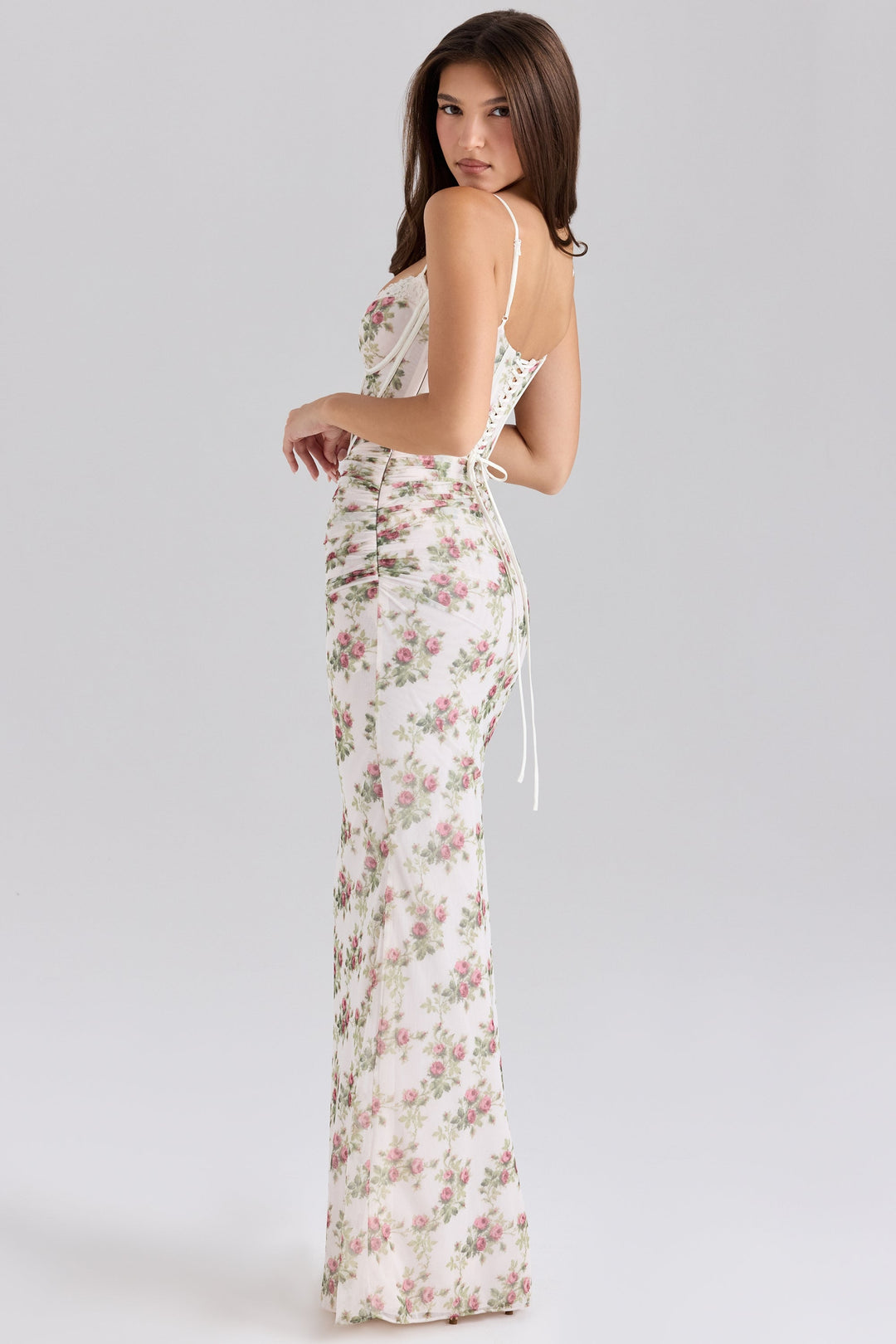 Damen Maxi Kleid mit Herzausschnitt Spaghettiträgern Bindeverschluss und floralem Muster