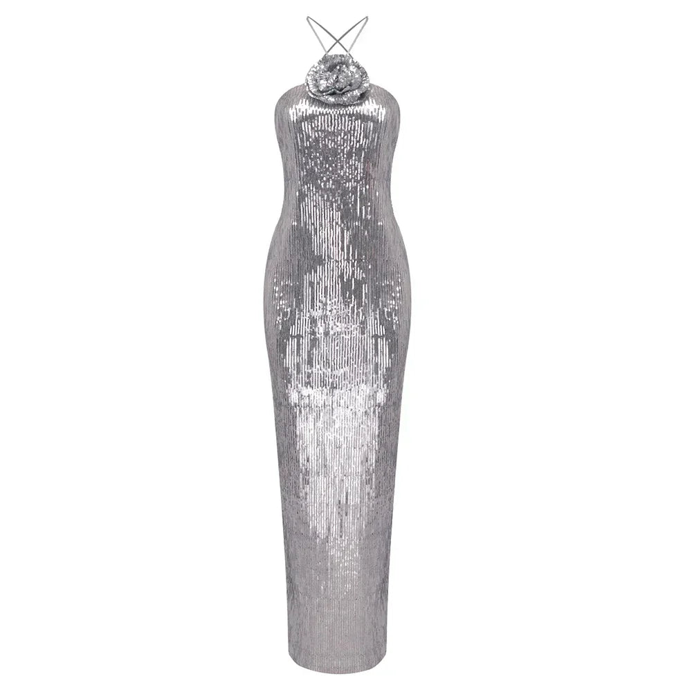 Damen Maxi Kleid mit Neckholder Ausschnitt Rosettenapplikation und Paillettenbesatz