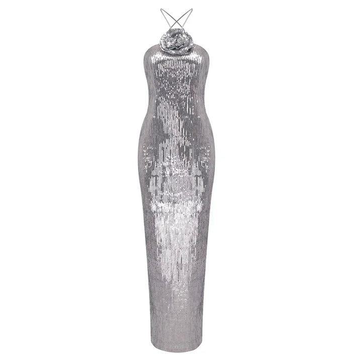 Damen Maxi Kleid mit Neckholder Ausschnitt Rosettenapplikation und Paillettenbesatz