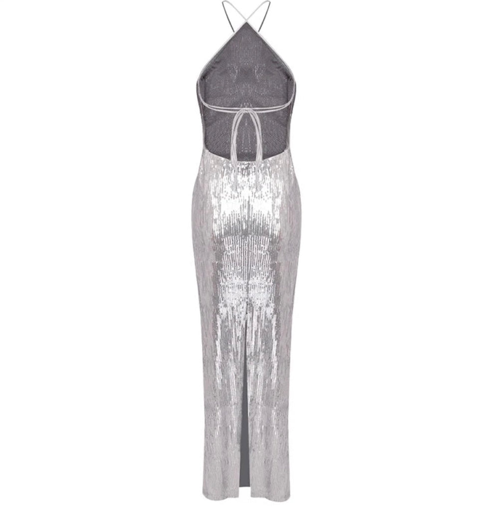 Damen Maxi Kleid mit Neckholder Ausschnitt Rosettenapplikation und Paillettenbesatz