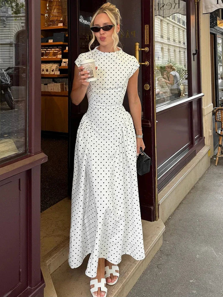 Damen Maxi Kleid mit Tupfenmuster Kappärmeln und ohne Verschluss