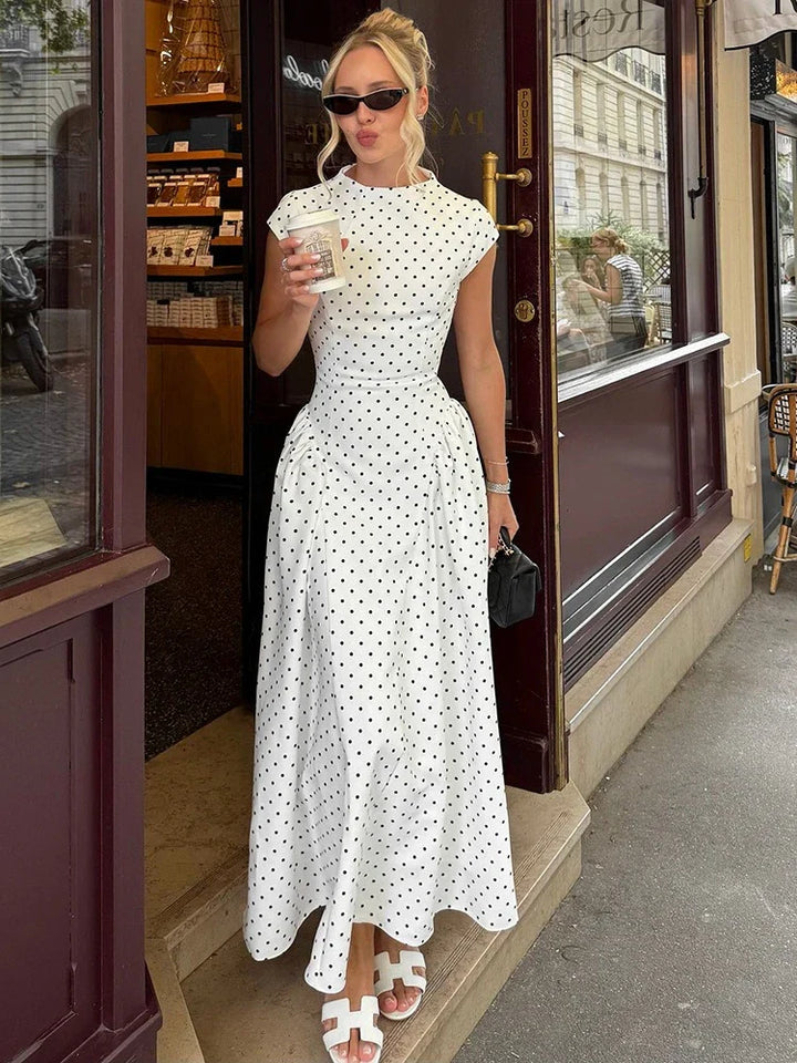 Damen Maxi Kleid mit Tupfenmuster Kappärmeln und ohne Verschluss