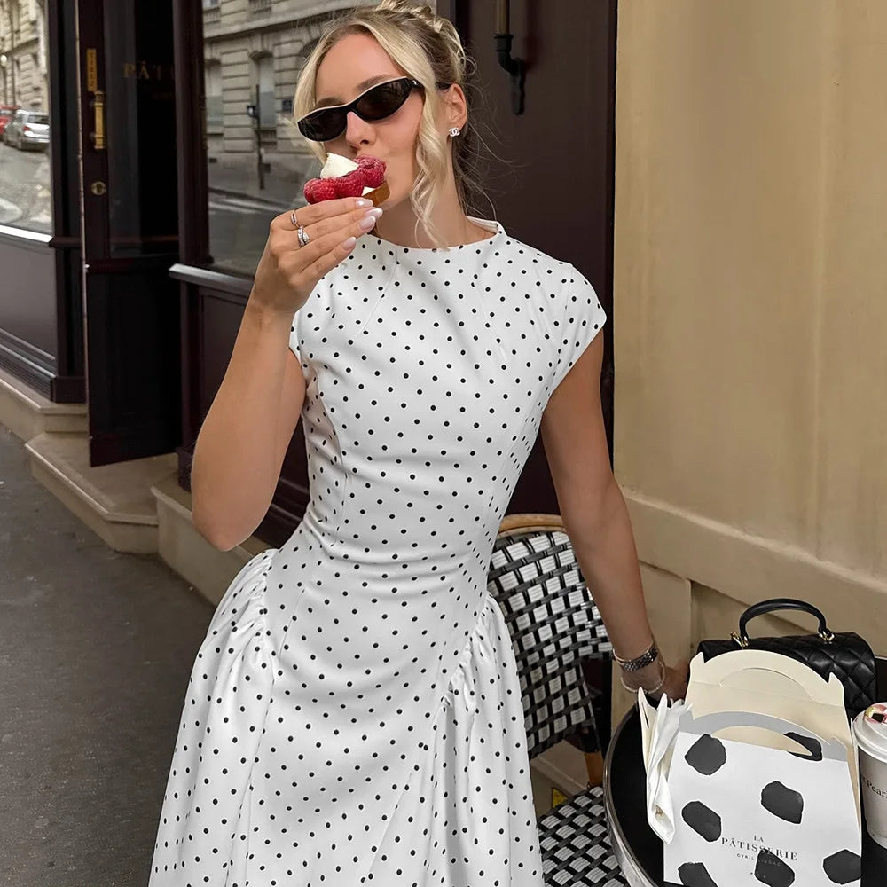 Damen Maxi Kleid mit Tupfenmuster Kappärmeln und ohne Verschluss