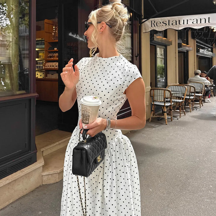Damen Maxi Kleid mit Tupfenmuster Kappärmeln und ohne Verschluss