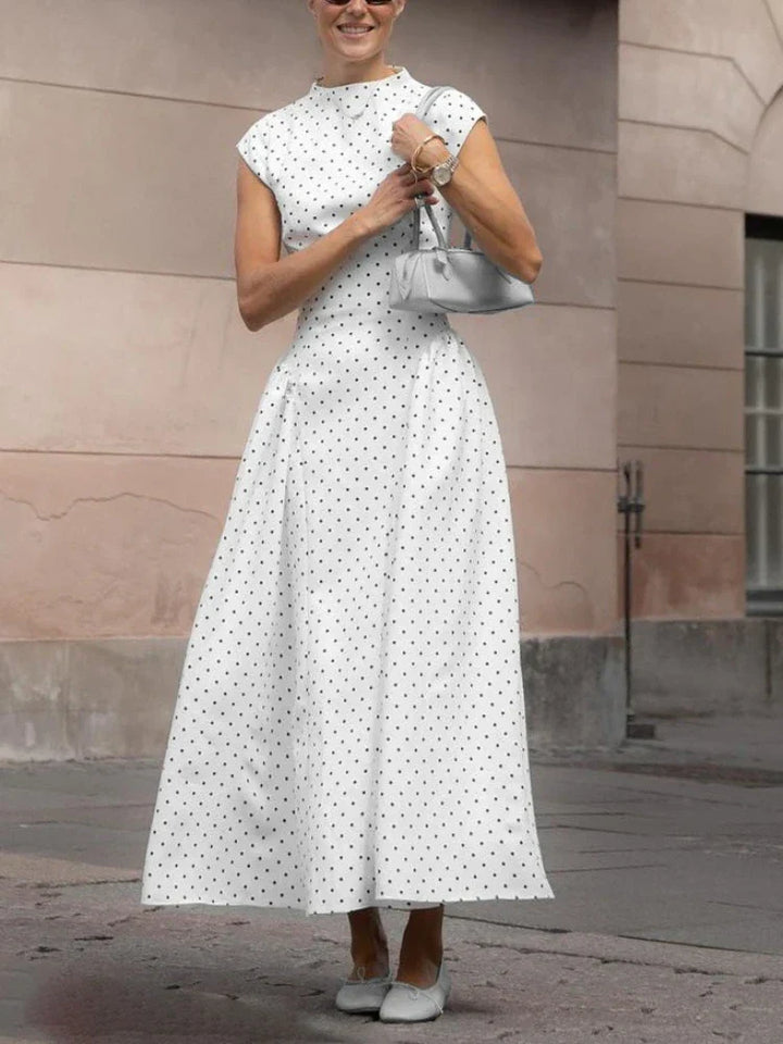 Damen Maxi Kleid mit Tupfenmuster Kappärmeln und ohne Verschluss