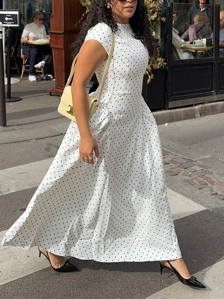 Damen Maxi Kleid mit Tupfenmuster Kappärmeln und ohne Verschluss