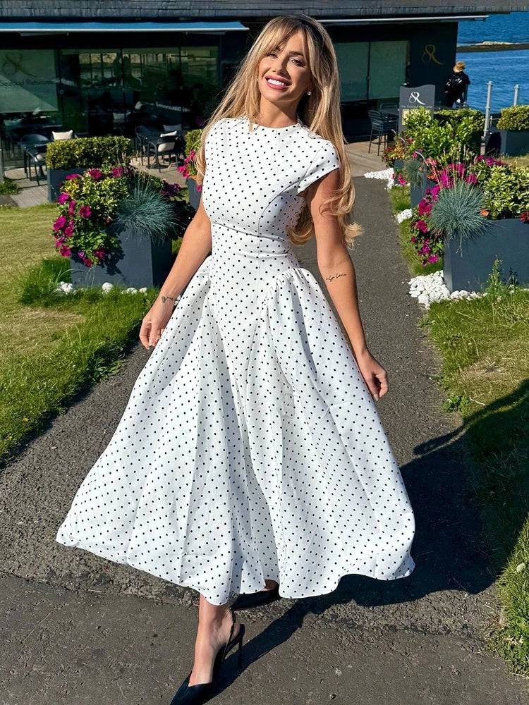 Damen Maxi Kleid mit Tupfenmuster Kappärmeln und ohne Verschluss