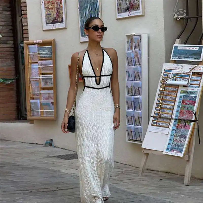 Damen Maxi Kleid mit V-Ausschnitt Neckholder Trägern schwarzem Kontrastbesatz und Häkelstruktur