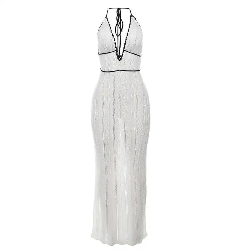 Damen Maxi Kleid mit V-Ausschnitt Neckholder Trägern schwarzem Kontrastbesatz und Häkelstruktur