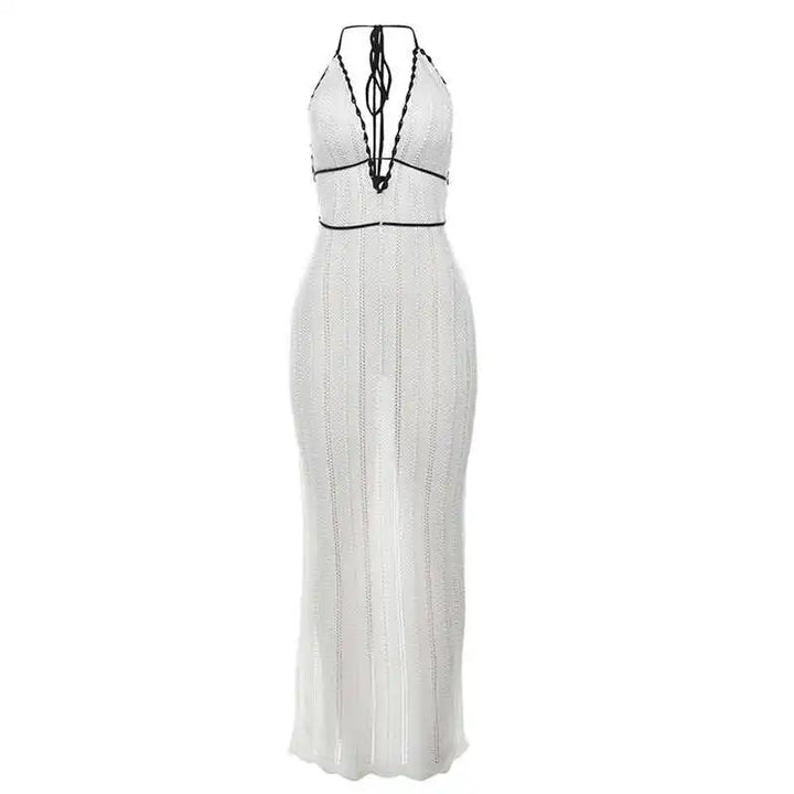 Damen Maxi Kleid mit V-Ausschnitt Neckholder Trägern schwarzem Kontrastbesatz und Häkelstruktur