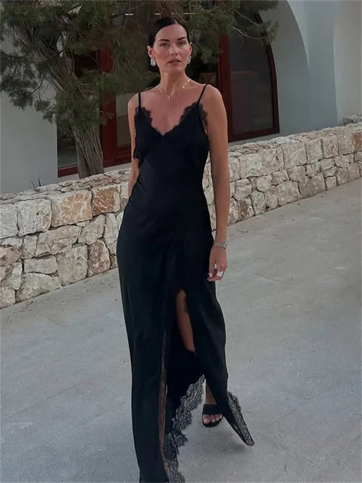Damen Maxi Kleid mit V-Ausschnitt Spitzenbesatz und Seitennahtschlitz