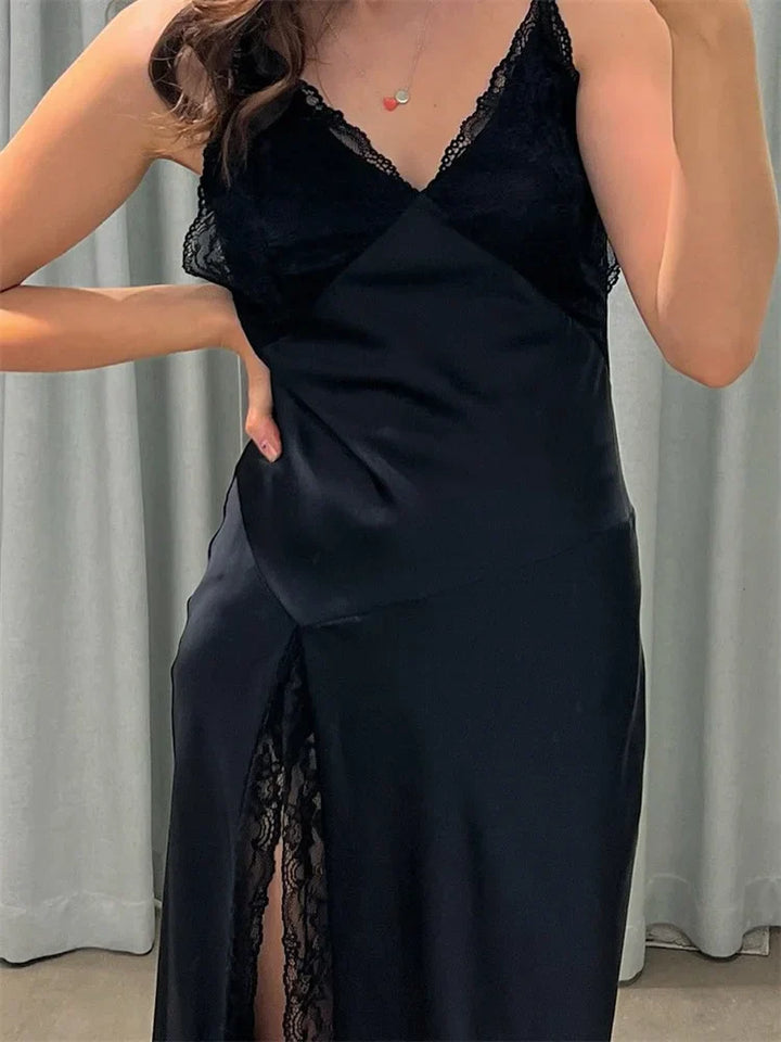 Damen Maxi Kleid mit V-Ausschnitt Spitzenbesatz und Seitennahtschlitz