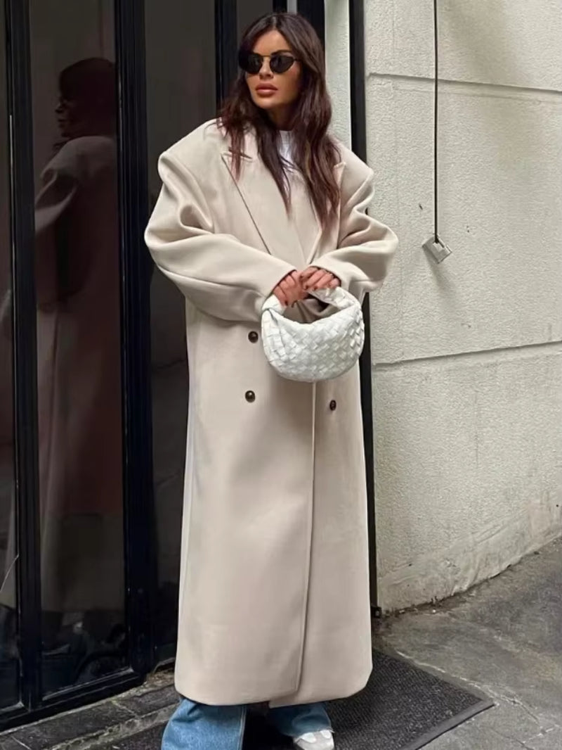 Damen Maxi Mantel mit Reverskragen und doppelreihiger Knopfleiste