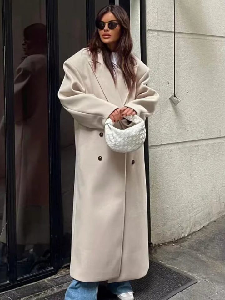 Damen Maxi Mantel mit Reverskragen und doppelreihiger Knopfleiste
