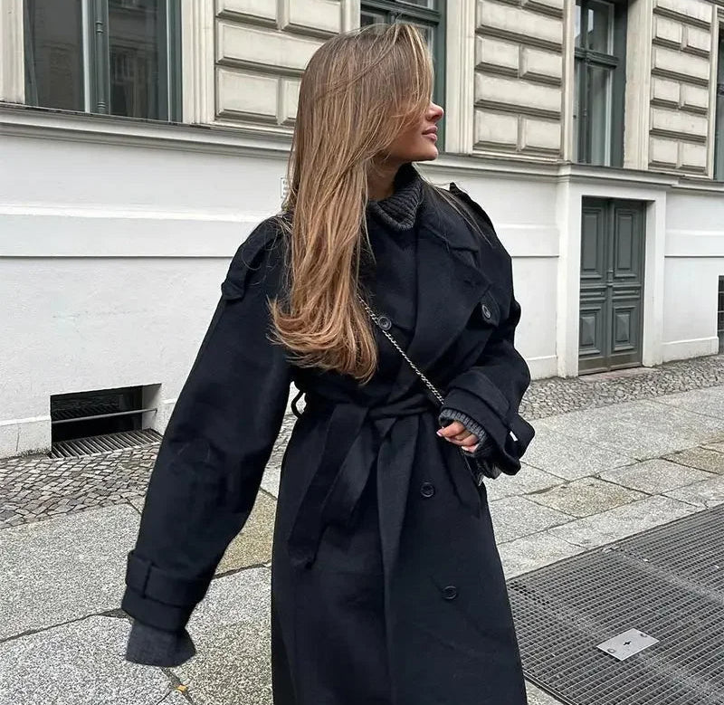 Damen Maxi-Mantel mit zweireihigem Knopfverschluss und Gürtel