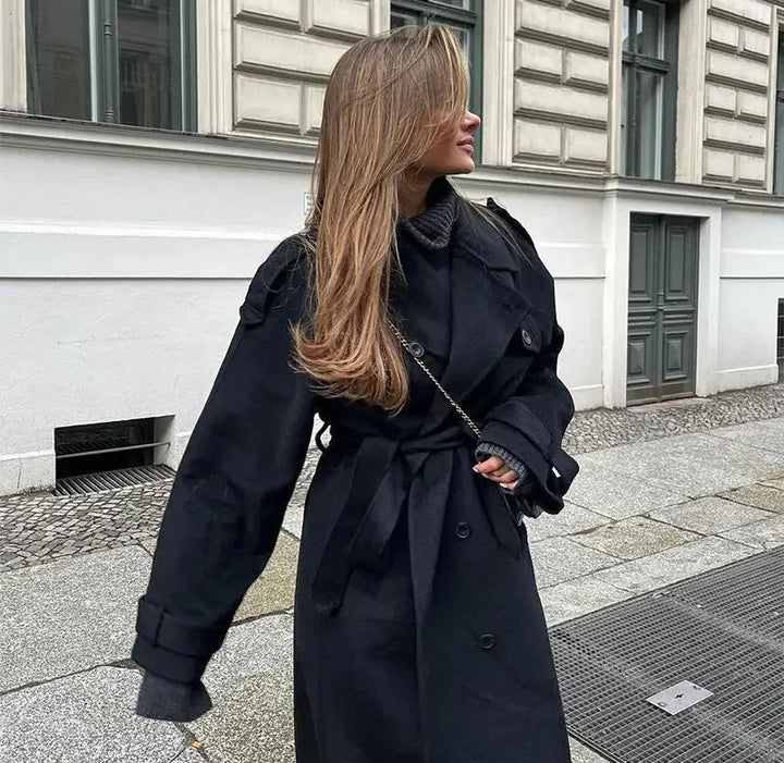 Damen Maxi-Mantel mit zweireihigem Knopfverschluss und Gürtel