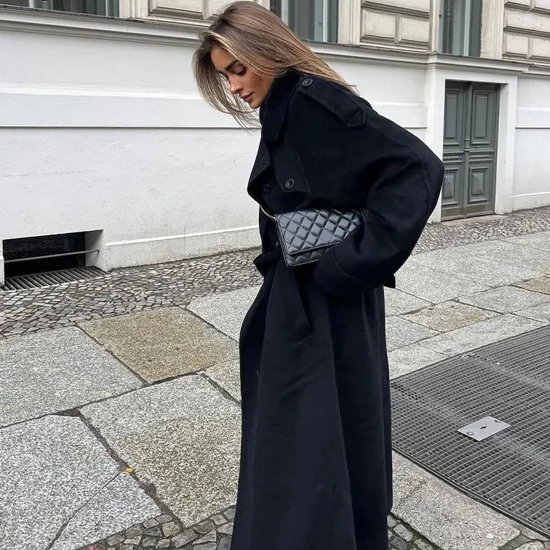 Damen Maxi-Mantel mit zweireihigem Knopfverschluss und Gürtel