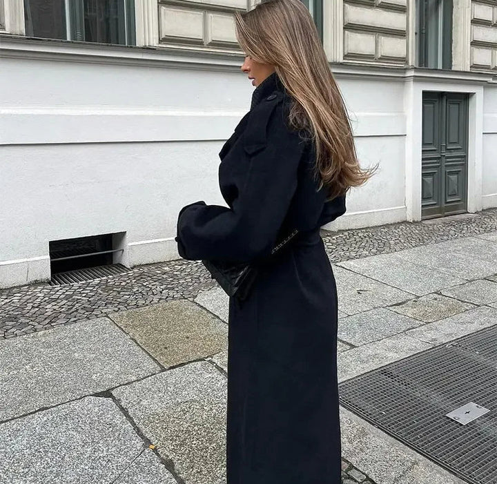 Damen Maxi-Mantel mit zweireihigem Knopfverschluss und Gürtel