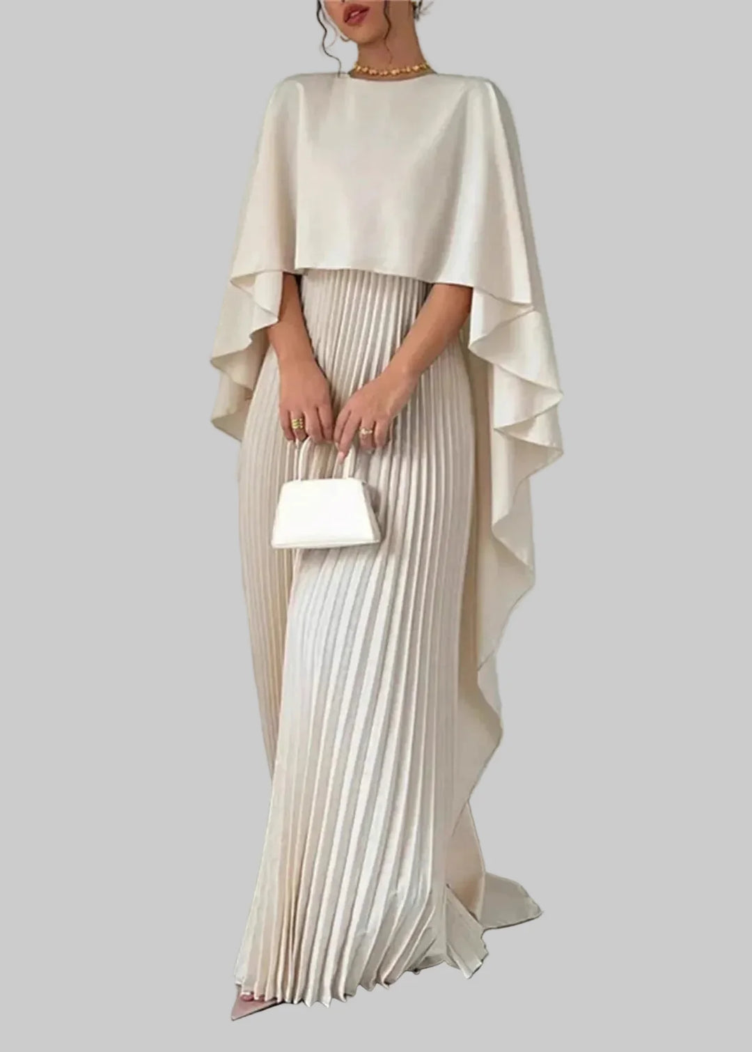 Damen Maxikleid mit Asymmetrischem Cape-Überwurf Plisseerock und Rundhals