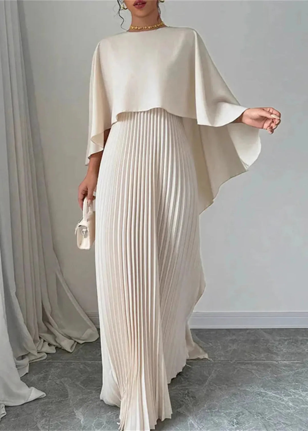 Damen Maxikleid mit Asymmetrischem Cape-Überwurf Plisseerock und Rundhals