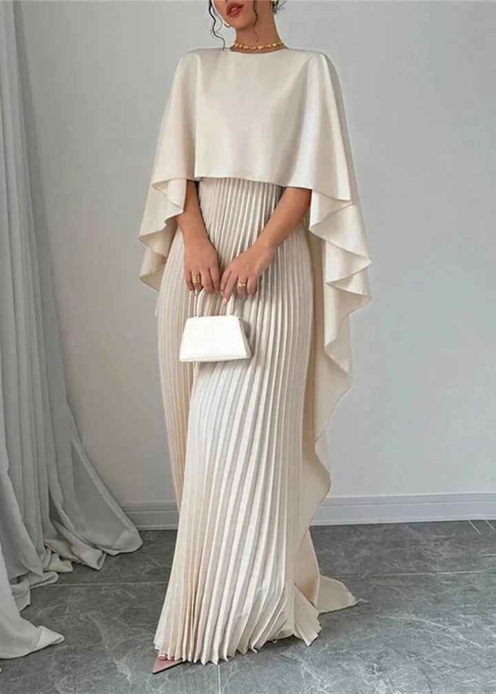 Damen Maxikleid mit Asymmetrischem Cape-Überwurf Plisseerock und Rundhals