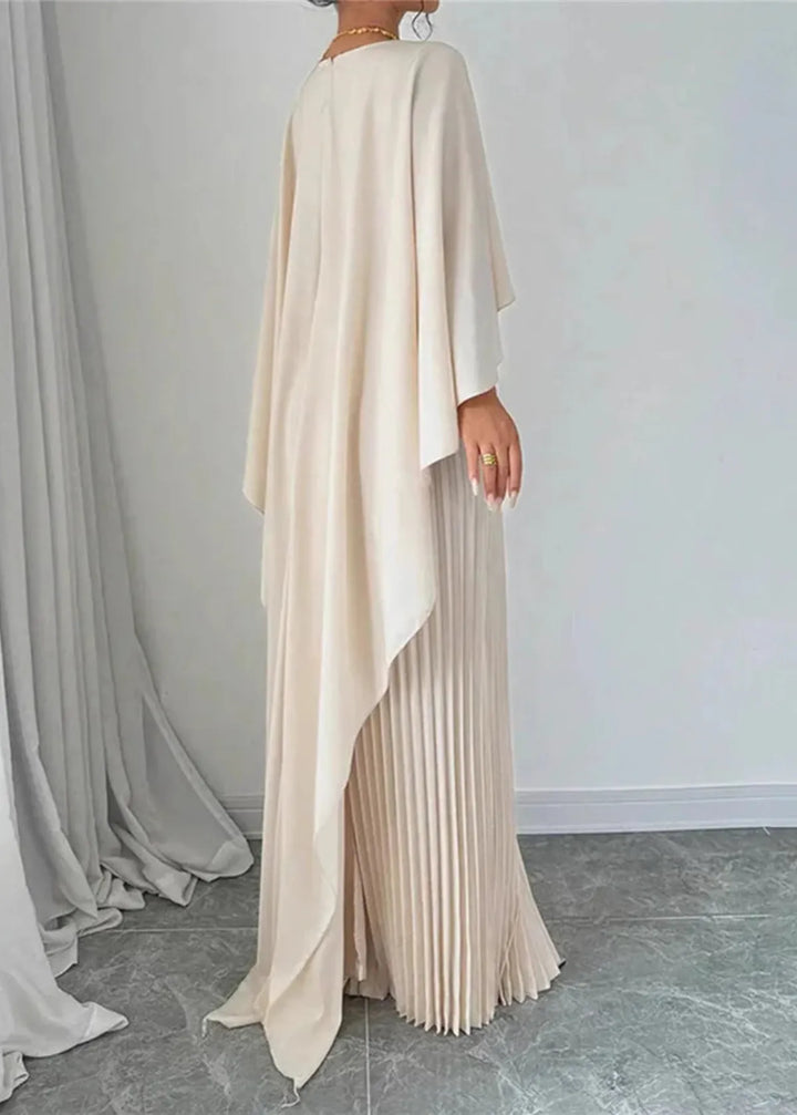 Damen Maxikleid mit Asymmetrischem Cape-Überwurf Plisseerock und Rundhals