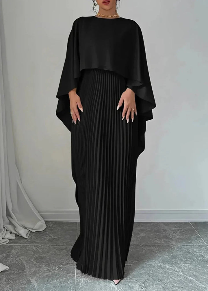 Damen Maxikleid mit Asymmetrischem Cape-Überwurf Plisseerock und Rundhals