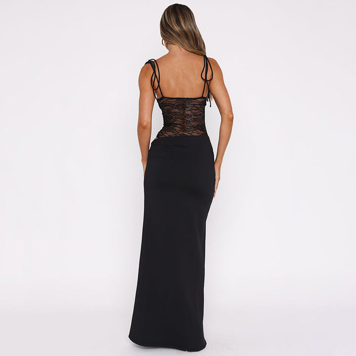 Damen Maxikleid mit Bindeträgern geradem Ausschnitt und Spitzeneinsatz in der Taille