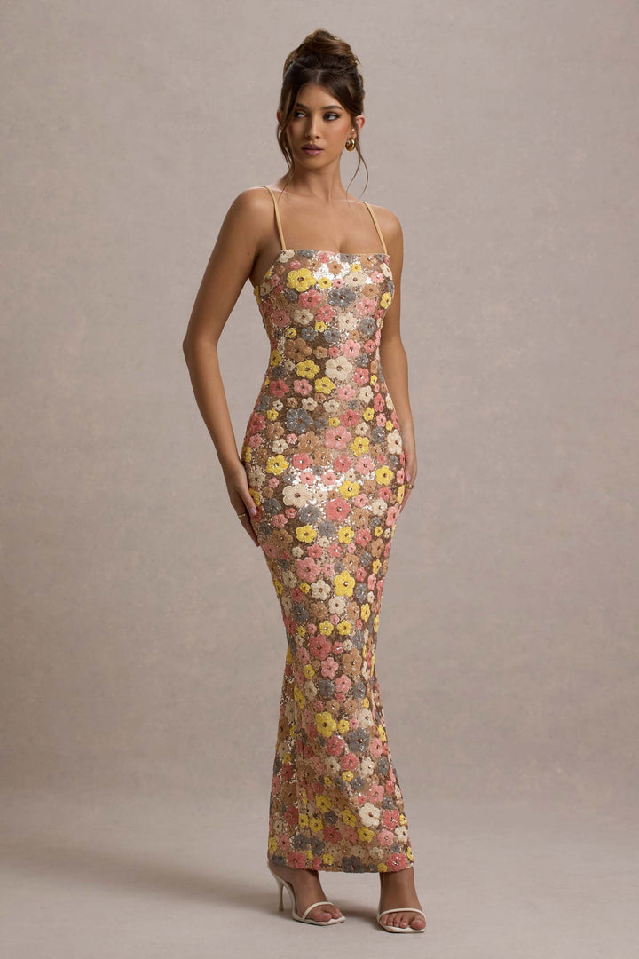 Damen Maxikleid mit Blumenmuster Paillettenoberfläche Spaghettiträgern und Geradem Ausschnitt